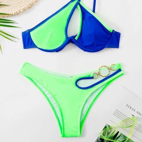 🔥Two Toned Asymmetrical Ring Linked One Shoulder Underwire Bikini Swimsuit🔥 - Picture 2 of 11
